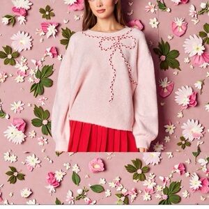 NWT Women’s Pink Bow-Accent Crewneck Sweater S